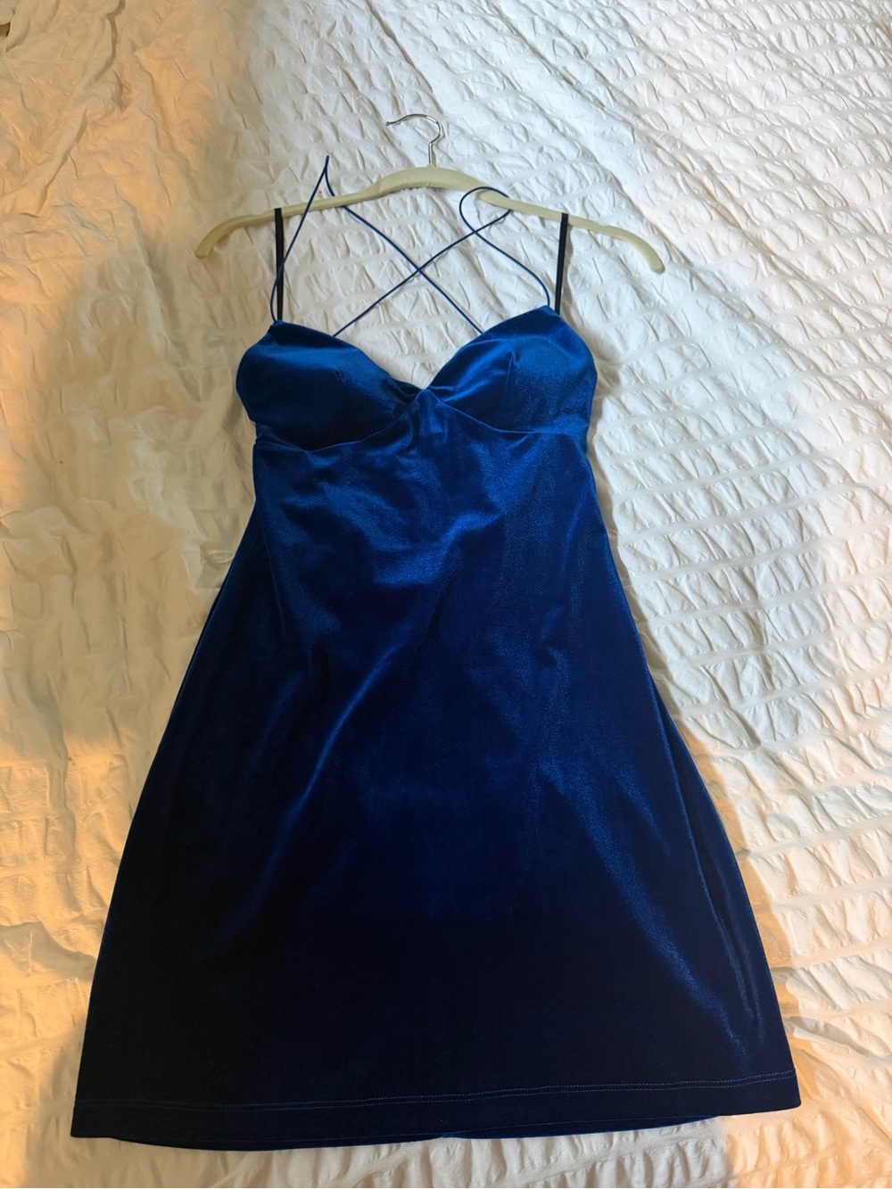 B Darlin Royal Blue Velvet Mini Dress with Crisscross Straps - Picture 4 of 5
